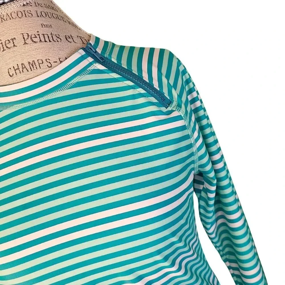 NWOT‎ Cabana Life Green White Striped Zipper Rashguard Long Sleeve Shirt Large
